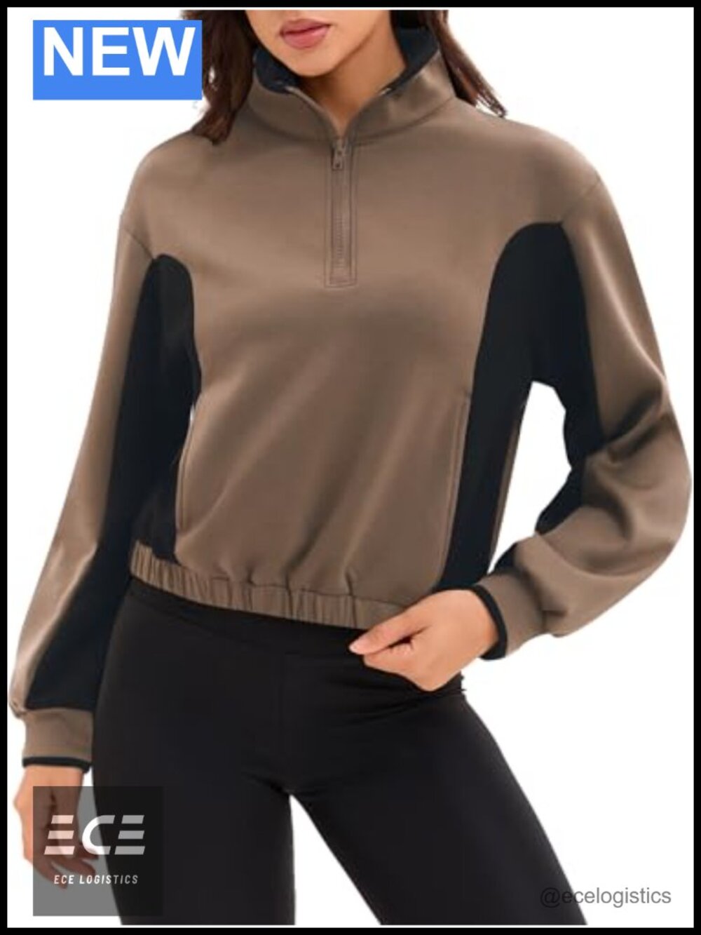 Quarter Zip Pullover Cropped Sweatshirt Color Block Top with Pockets